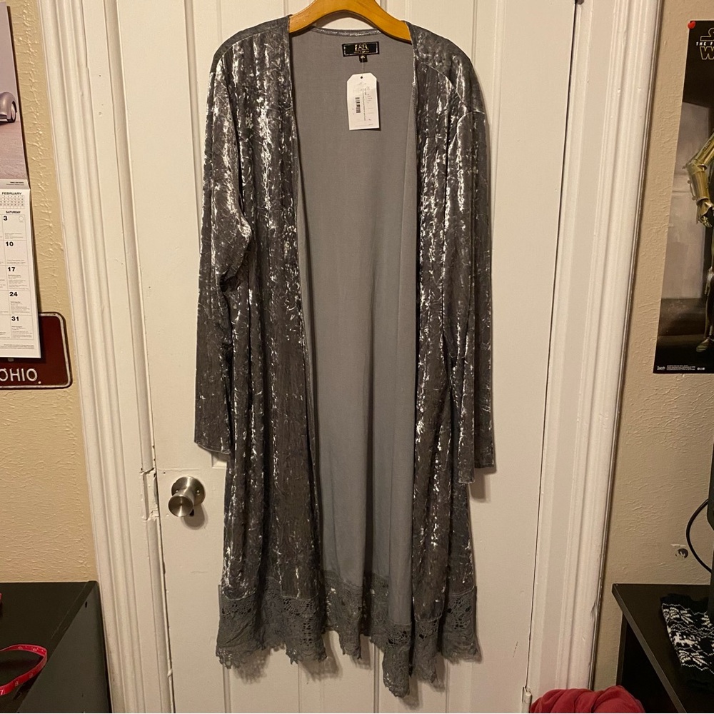 Charcoal Grey Crushed Velvet & Lace Duster